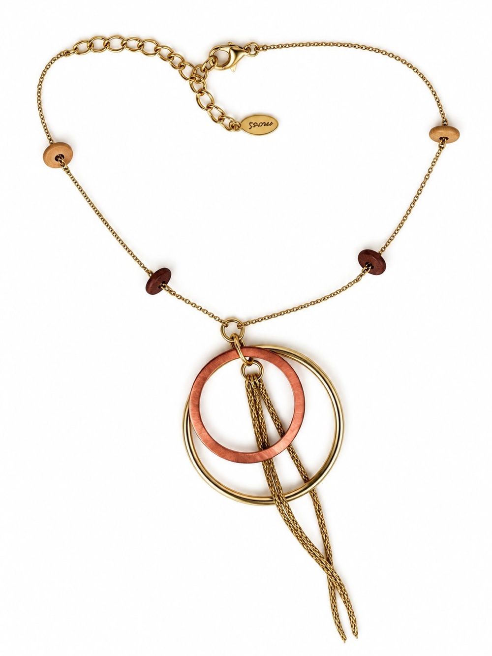 Vintage Guess Gold Tone Statement Necklace Wood & Copper Rings Y2K